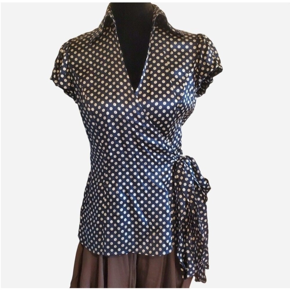 INC Silk Satin Polka Dot WrapTop Puff Sleeve Y2K Office Siren Twee Preppy Size 2